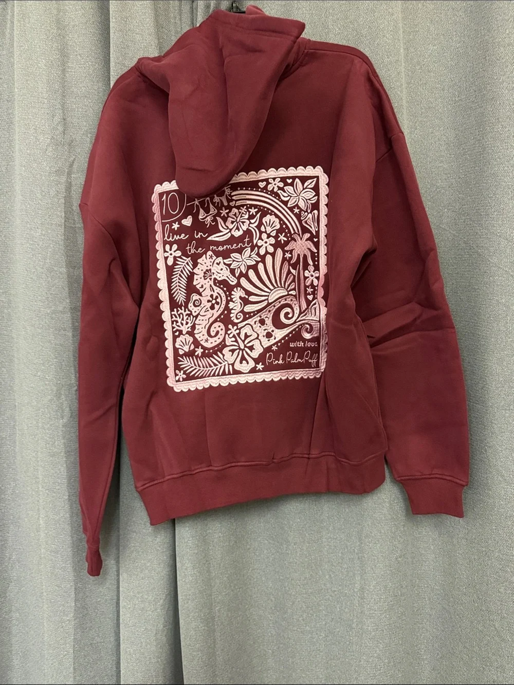Pink Palm Puff Women's Maroon Hoodie - Picture 10 of 12